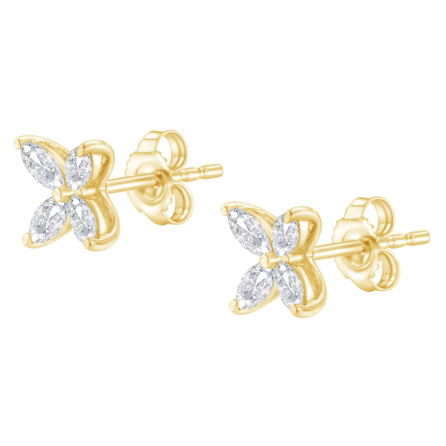 Pair of yellow metal stud earrings with four marquise-shaped white gemstones arranged in a floral pattern, shown at a slight angle.
