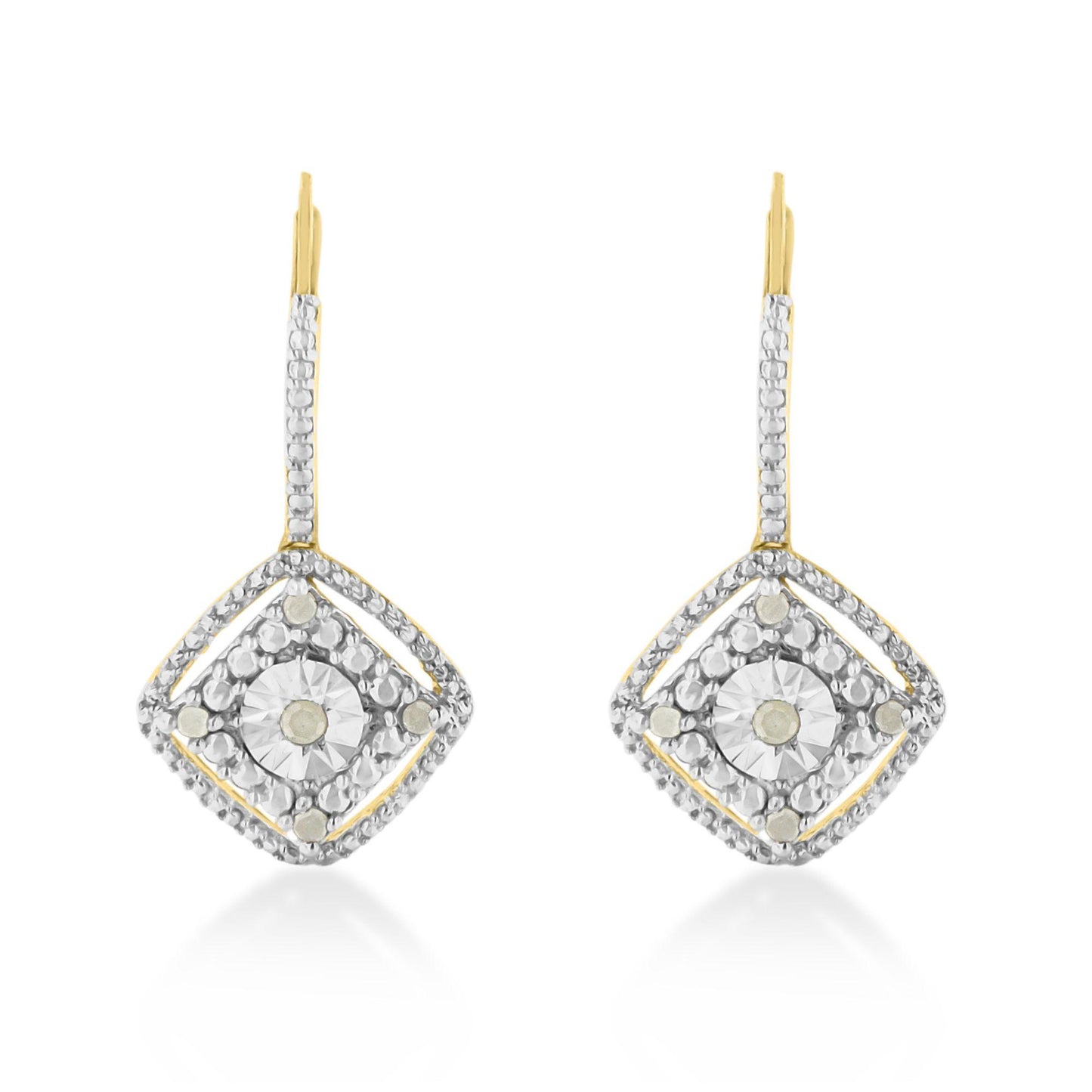 Front-facing shot of yellow metal earrings with a square-shaped design featuring round white gemstones in prong settings.