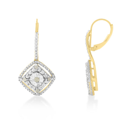 Pair of yellow metal earrings with a diamond-shaped design featuring white round gemstones in prong settings, shown from front and side angles.
