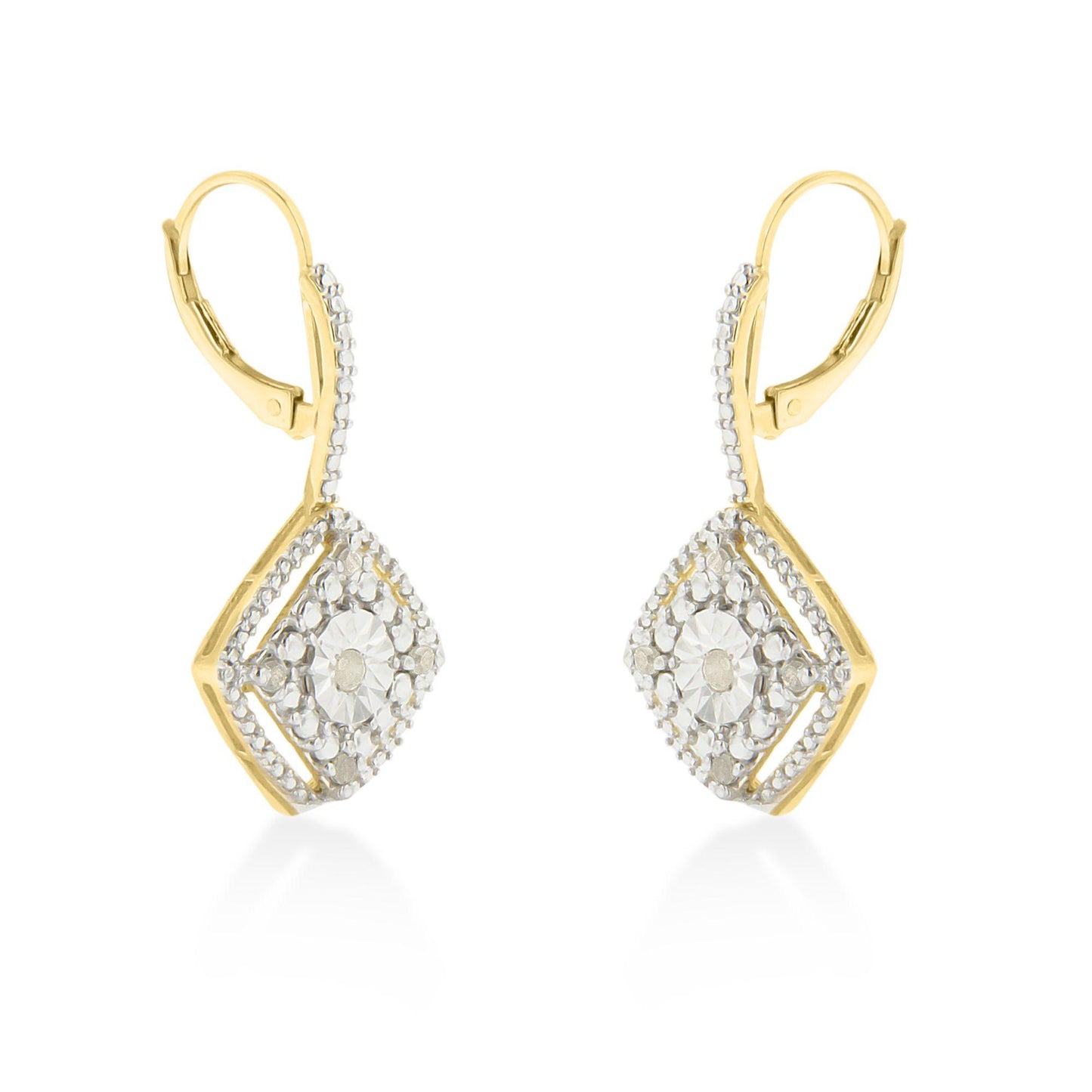Pair of yellow metal earrings with a diamond-shaped design featuring round white gemstones in prong settings, shown from the front on a white background.