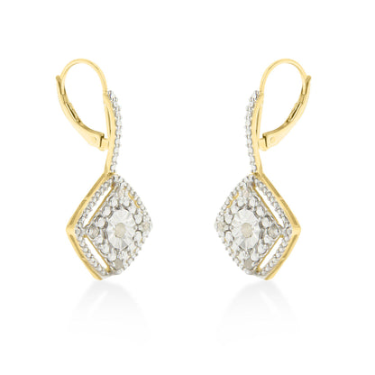 Pair of yellow metal earrings with a diamond-shaped design featuring round white gemstones in prong settings, shown from the front on a white background.