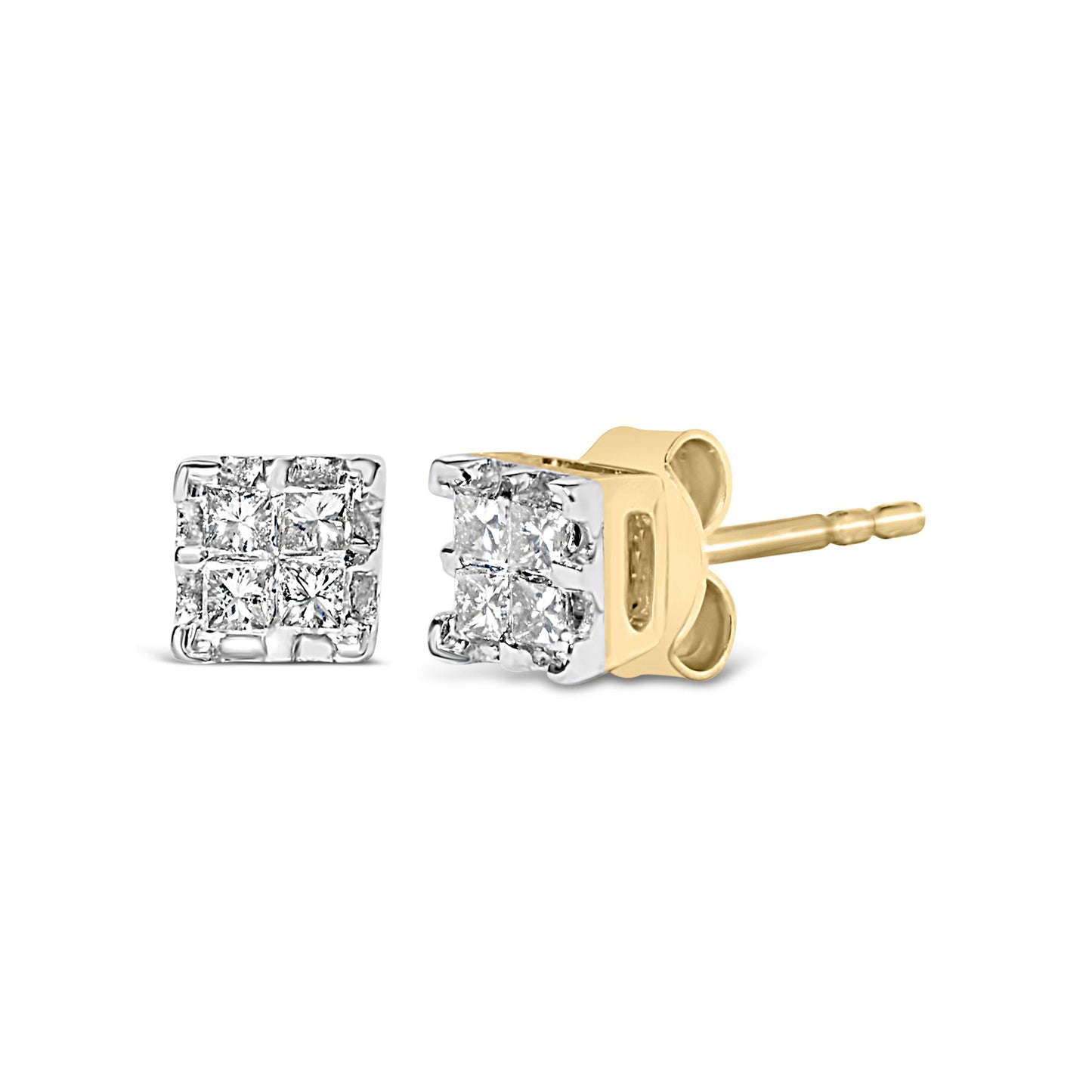 Pair of yellow metal stud earrings with square clusters of white princess-cut gemstones in invisible setting, shown in close-up angled view.