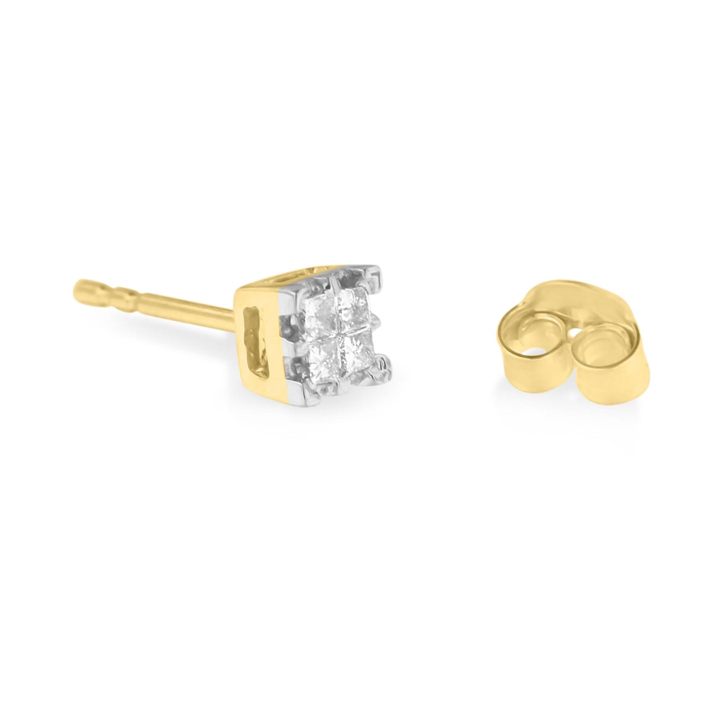 Close-up angled view of a yellow metal stud earring with a cluster of white princess-shaped gemstones in an invisible setting, shown with its back piece.