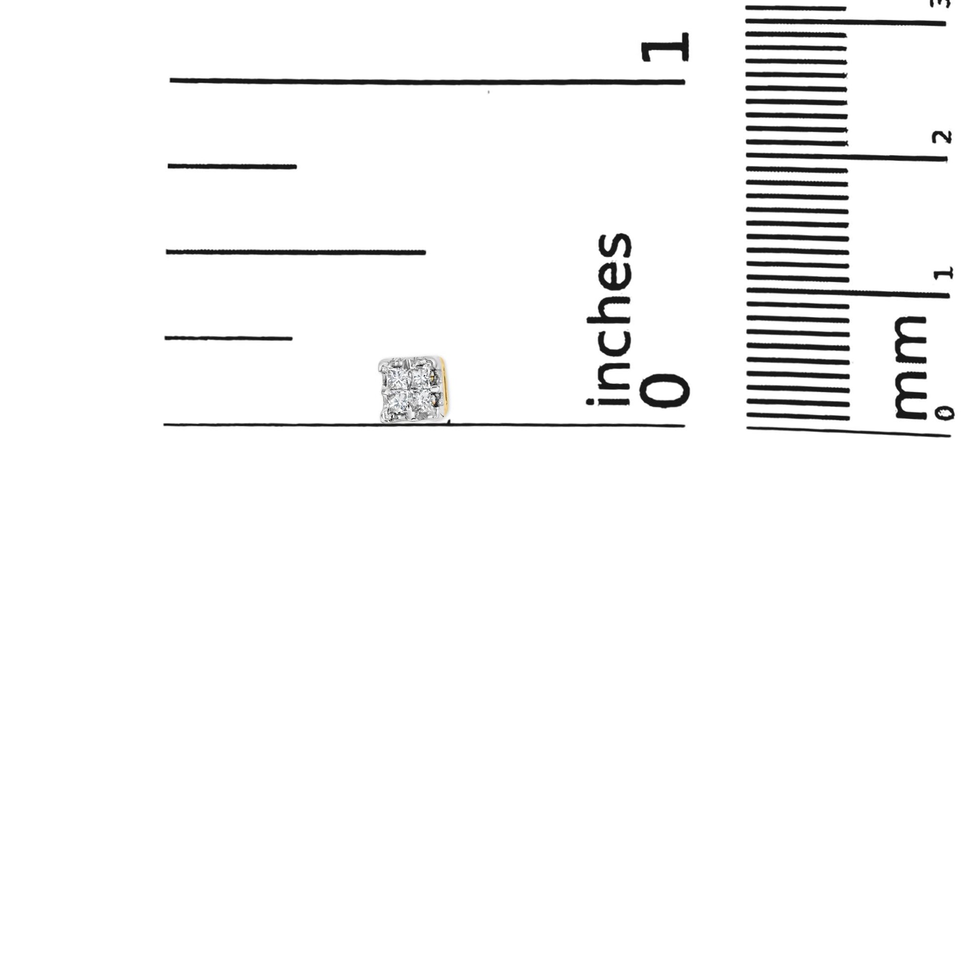 Close-up front angle of a yellow metal earring with eight white princess-shaped gemstones in invisible setting, placed on a ruler for size reference.