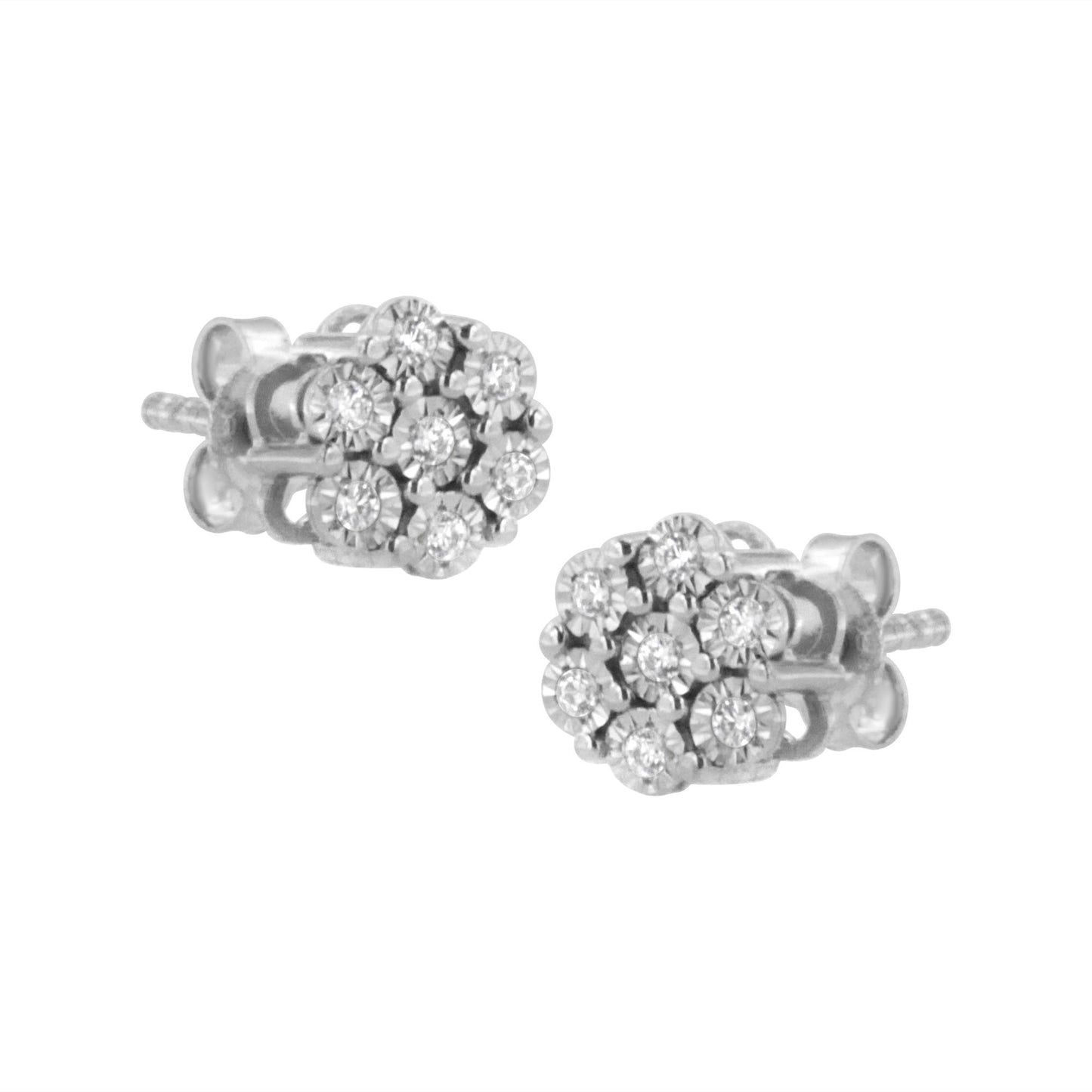Pair of white metal cluster stud earrings with round white gemstones in miracle setting, shown from side angle.