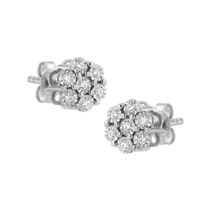 Pair of white metal cluster stud earrings with round white gemstones in miracle setting, shown from side angle.