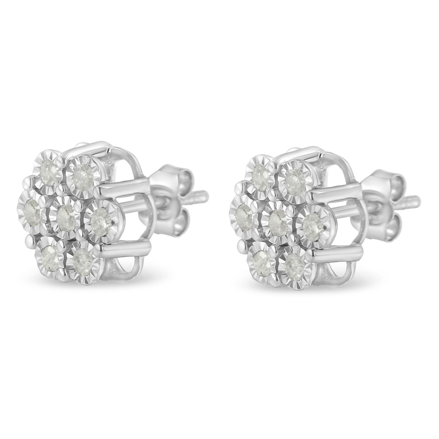 Pair of white metal stud earrings with round white gemstones arranged in a floral cluster, shown from a left side angle.