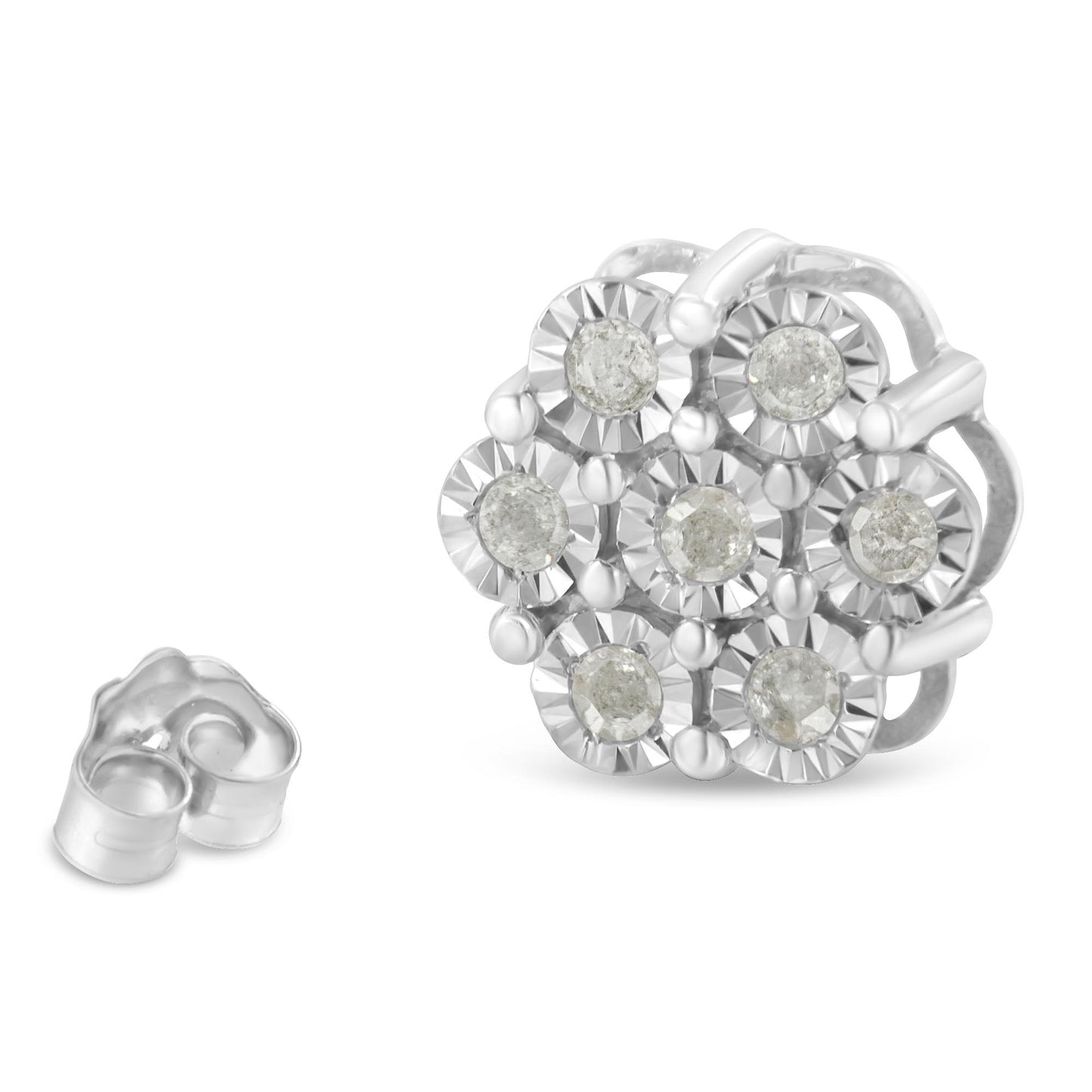 Close-up front angle of a white metal earring with round white gemstones in a cluster miracle setting, accompanied by a separate earring back.