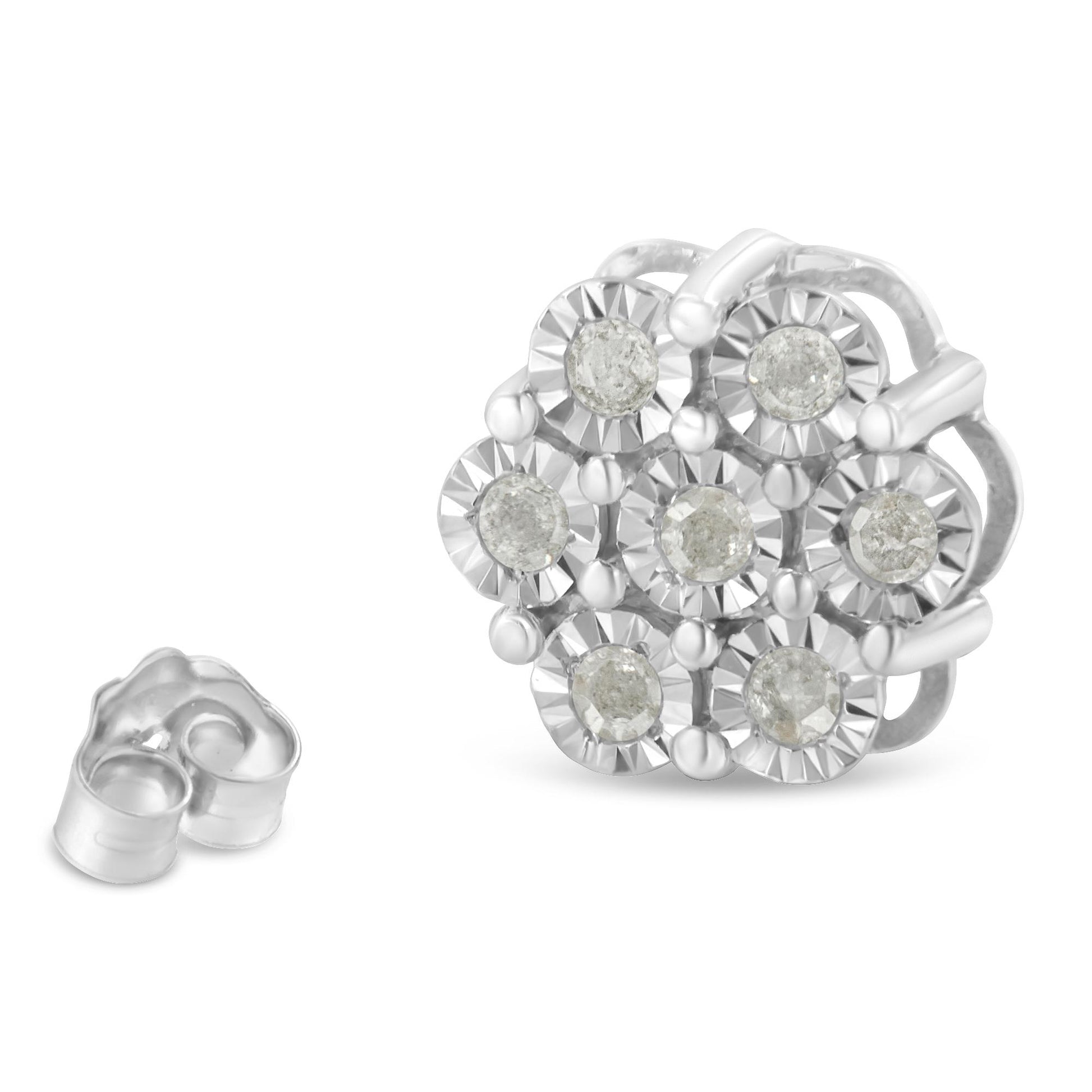 Close-up front angle of a white metal earring with round white gemstones in a cluster miracle setting, accompanied by a separate earring back.