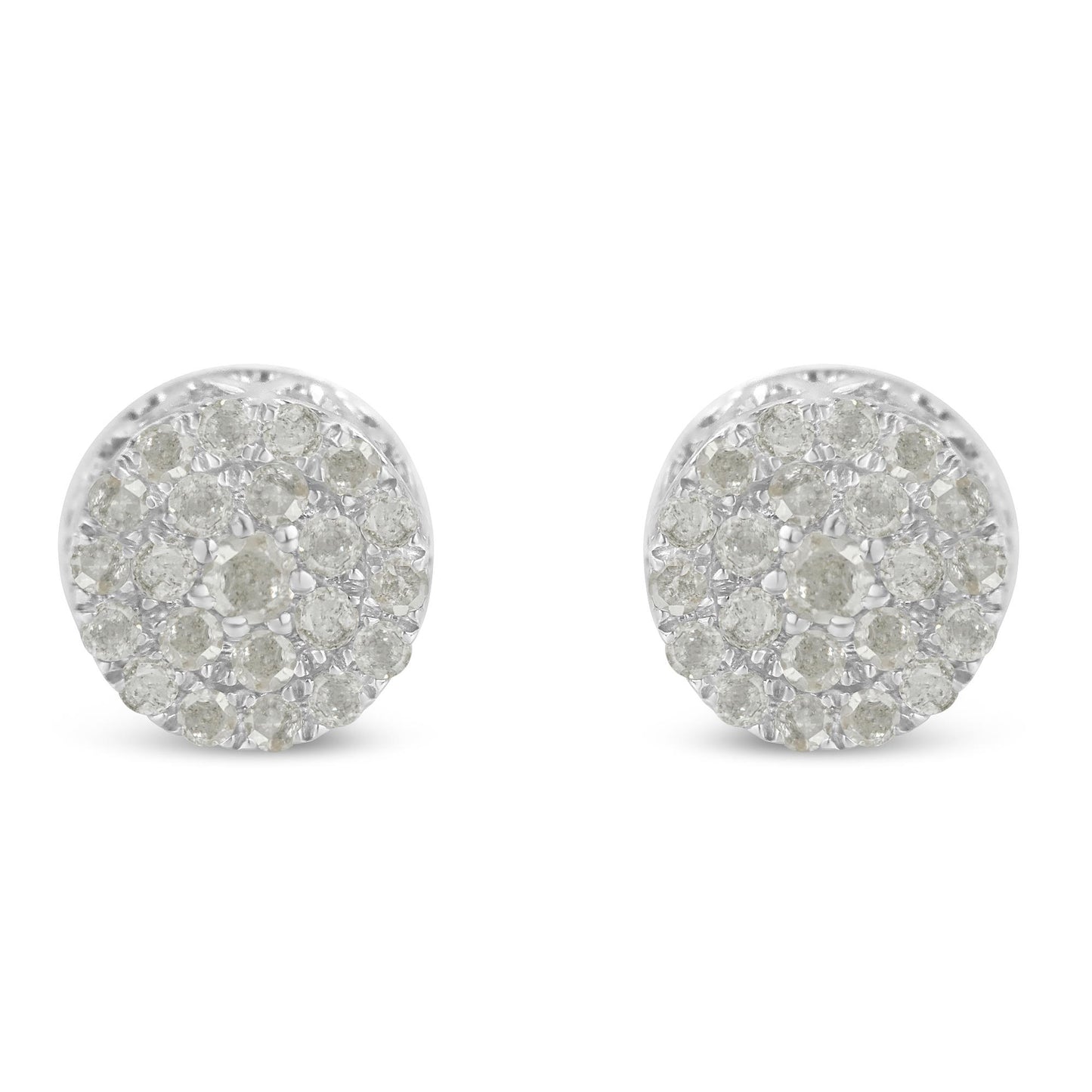 Front view of round-shaped white metal stud earrings with pave setting white gemstones.