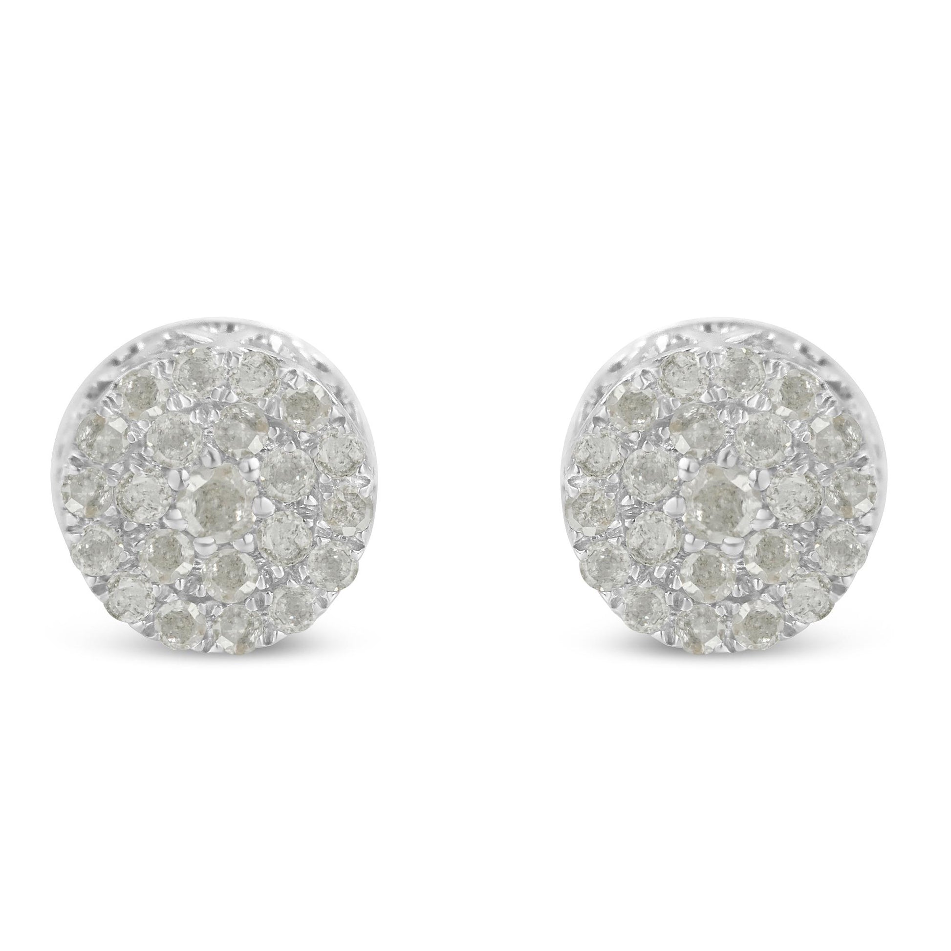 Front view of round-shaped white metal stud earrings with pave setting white gemstones.