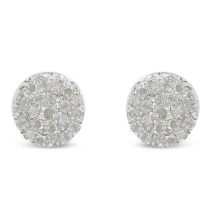 Front view of round-shaped white metal stud earrings with pave setting white gemstones.