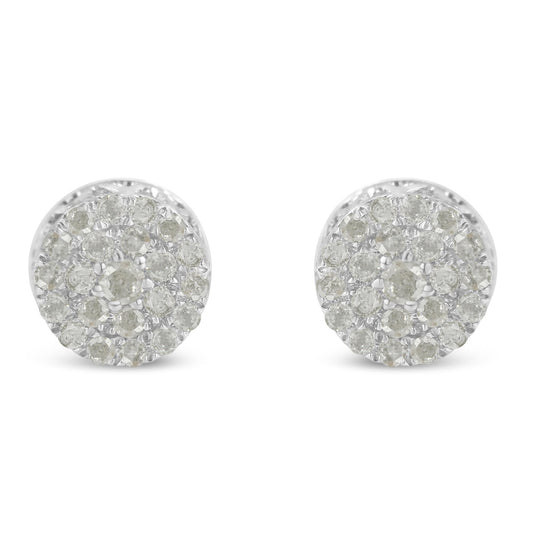 Front view of round-shaped white metal stud earrings with pave setting white gemstones.