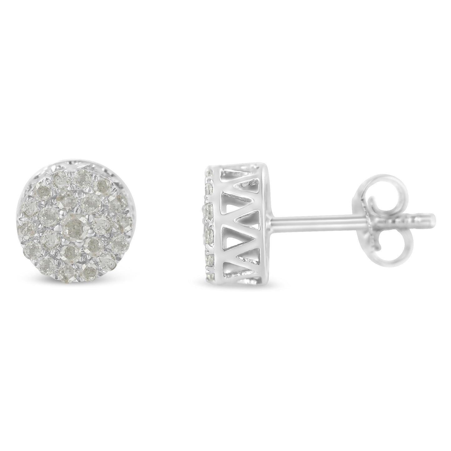 Pair of white metal stud earrings with round white gemstones in pave setting, shown from front and side angles on a white background.