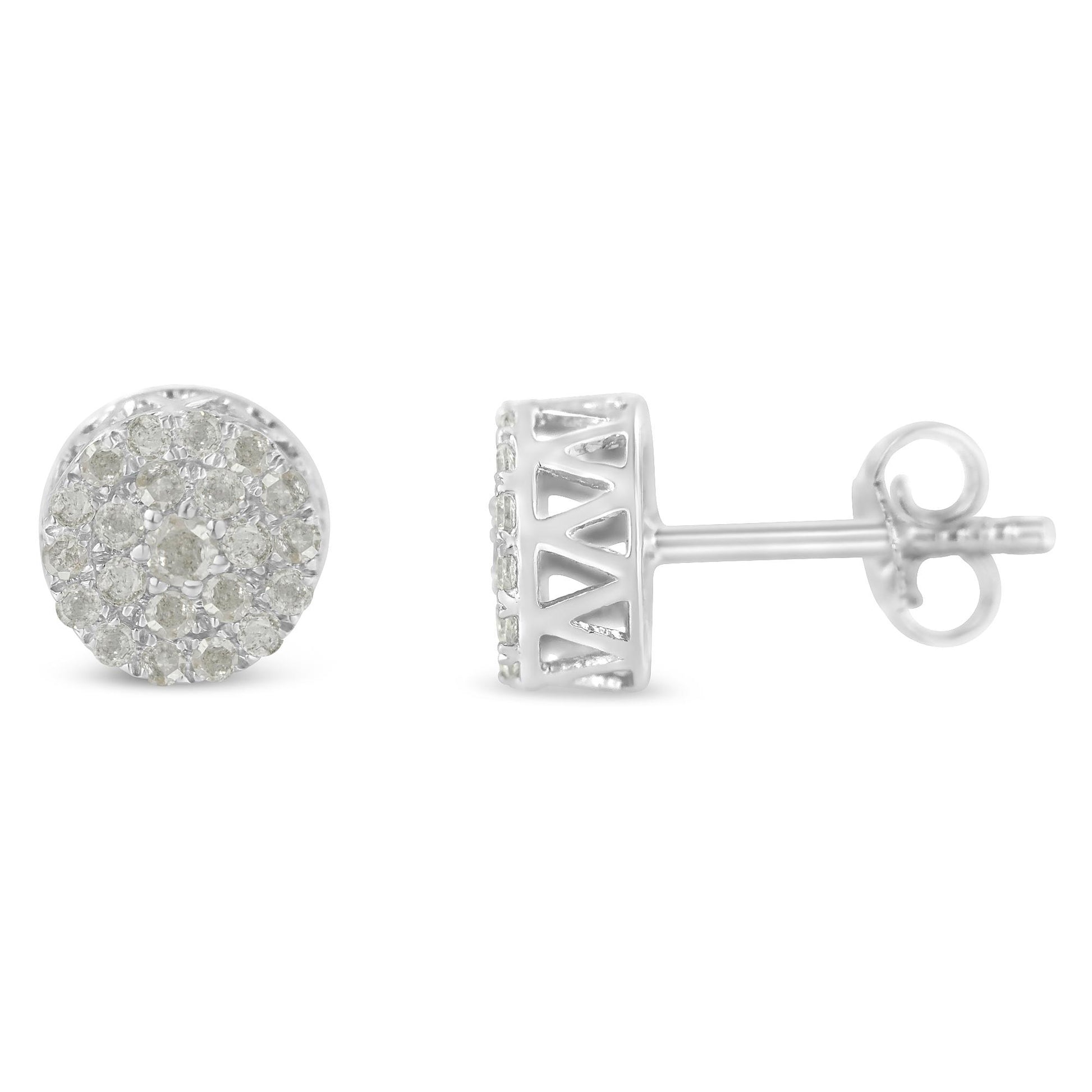 Pair of white metal stud earrings with round white gemstones in pave setting, shown from front and side angles on a white background.