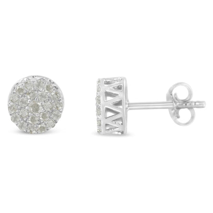 Pair of white metal stud earrings with round white gemstones in pave setting, shown from front and side angles on a white background.