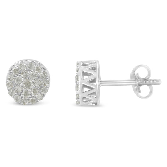 Pair of white metal stud earrings with round white gemstones in pave setting, shown from front and side angles on a white background.