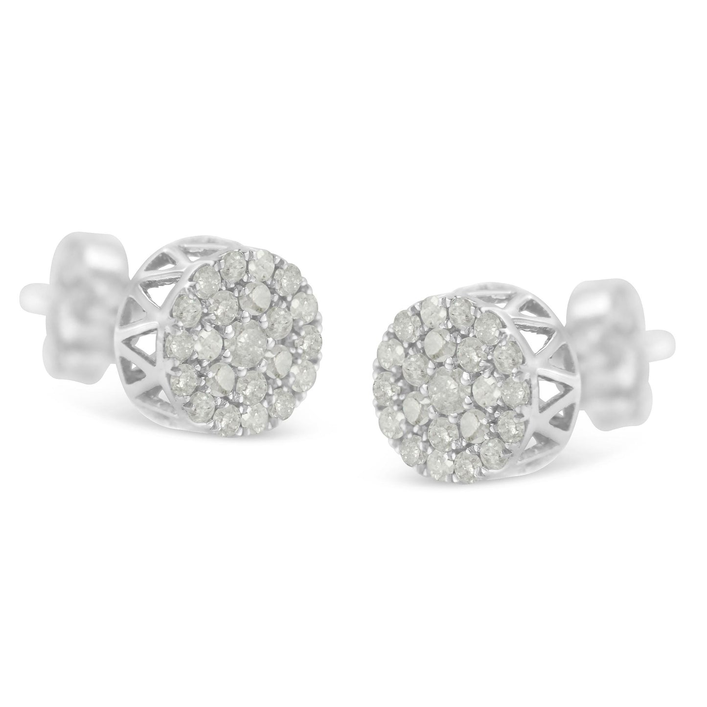 Pair of white metal round-shaped stud earrings with pave-set white gemstones, shown in a front-side angle.
