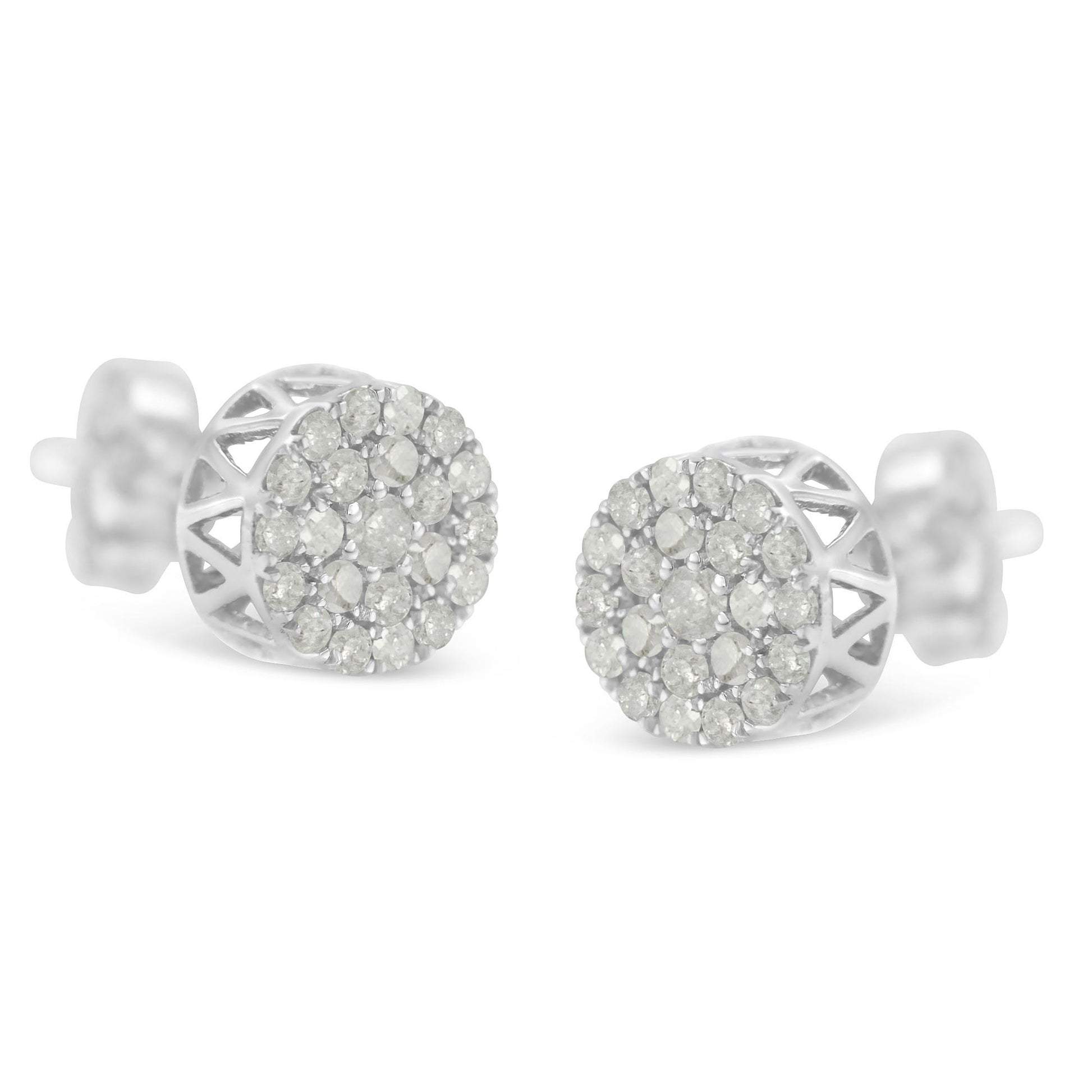 Pair of white metal round-shaped stud earrings with pave-set white gemstones, shown in a front-side angle.