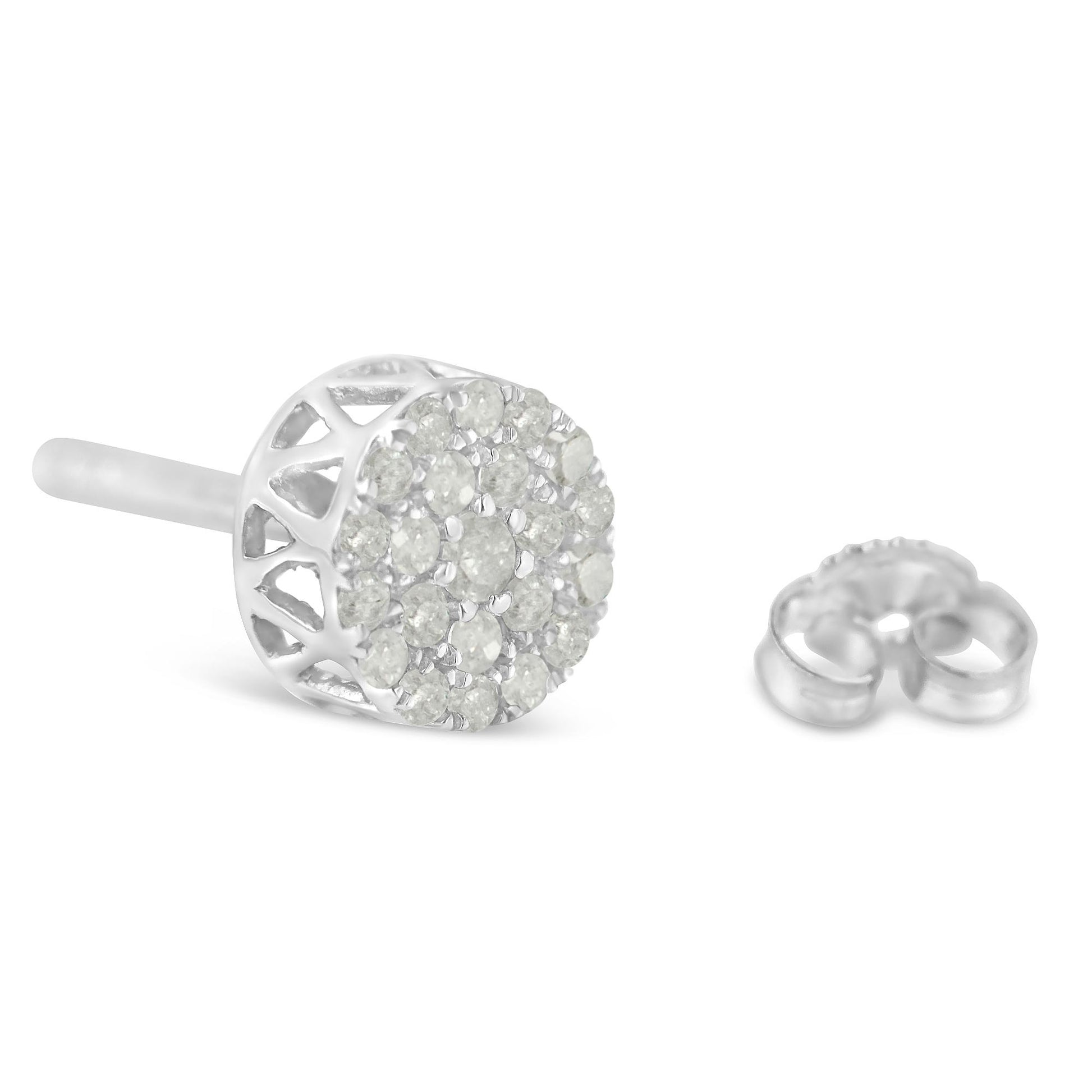 Close-up side angle of a white metal round stud earring with pavé-set white round gemstones and a separate earring back.