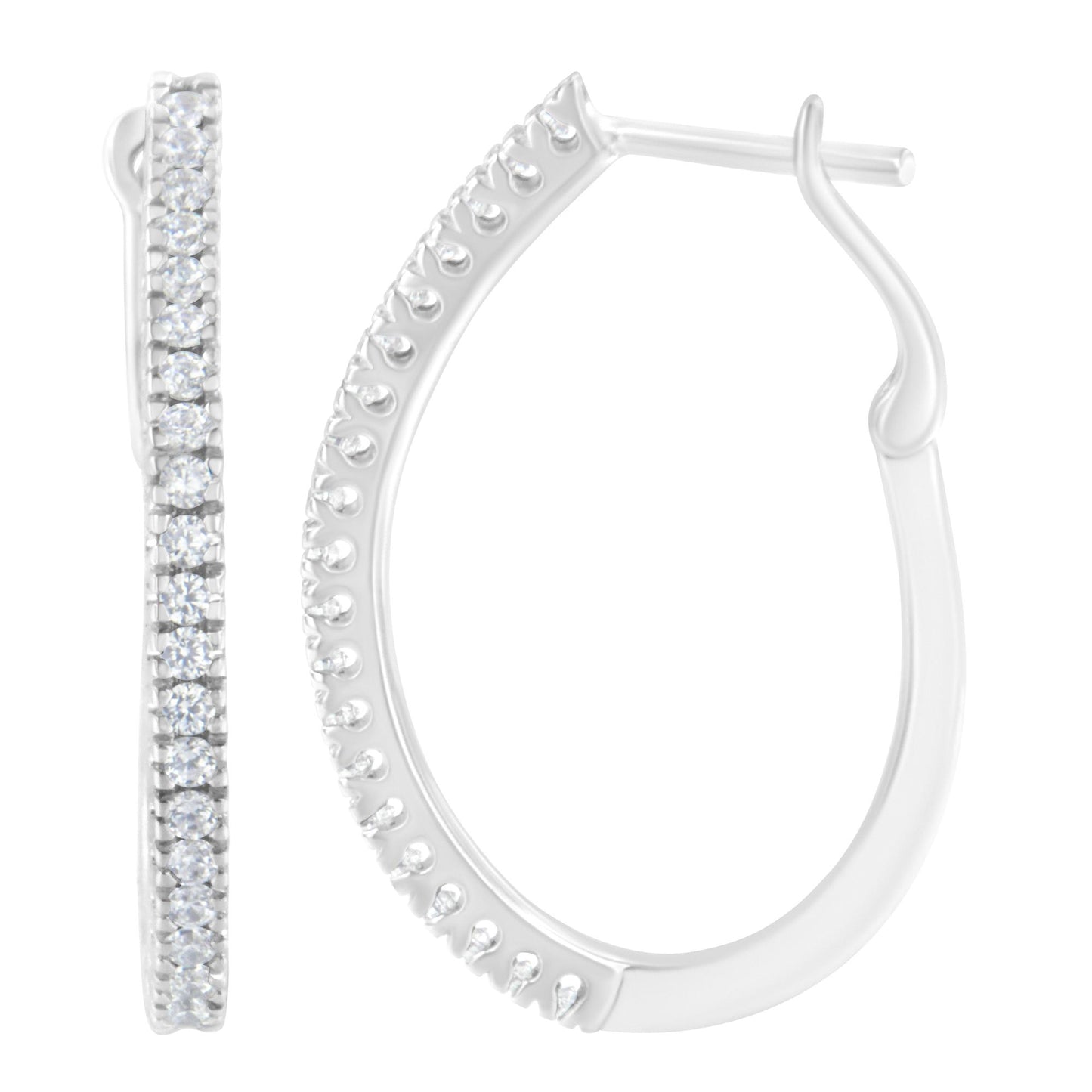 Close-up front and side view of white metal hoop earrings with round white gemstones in prong settings along the outer edge.