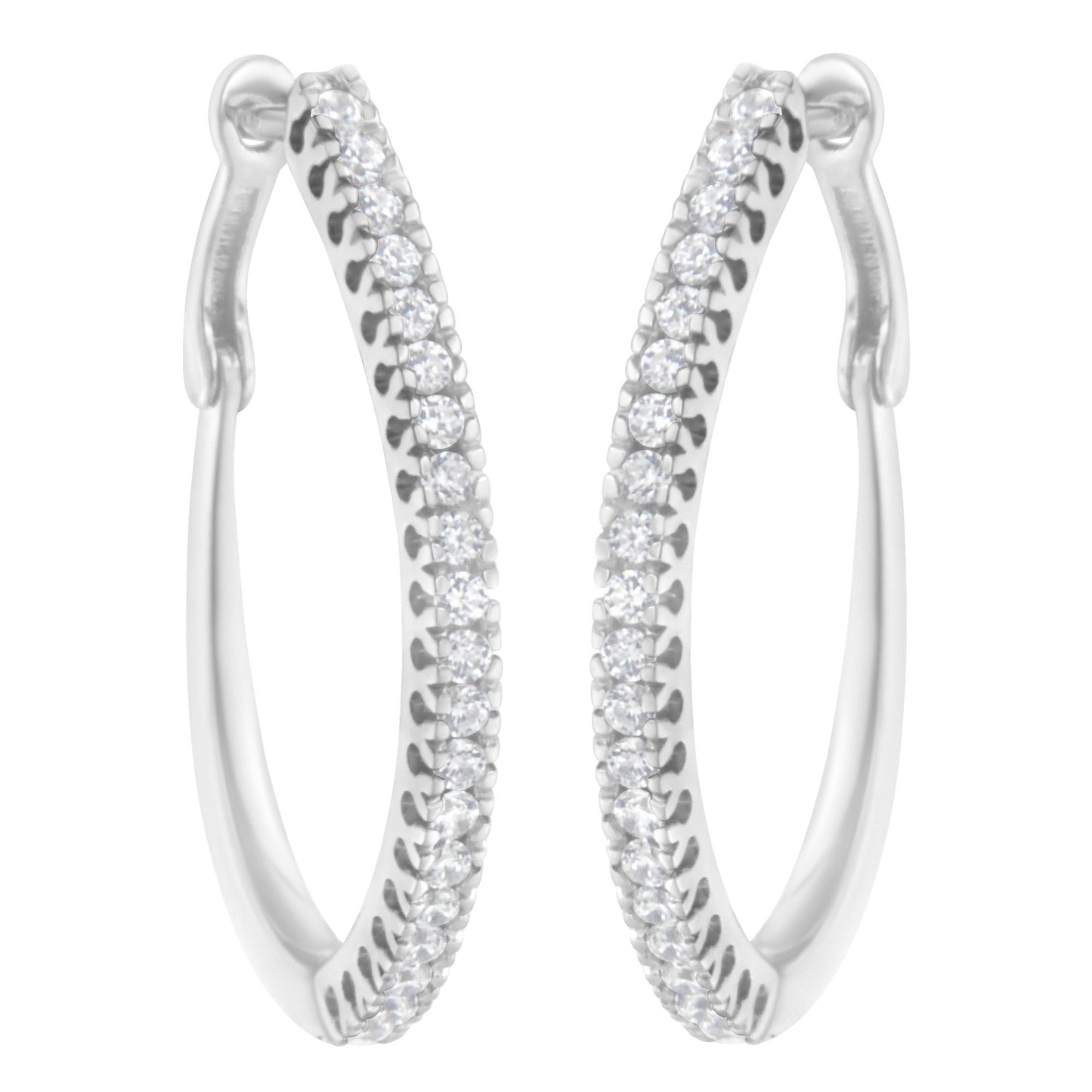 Front-facing close-up of white metal hoop earrings with rows of round white gemstones in prong settings along the outer edges.