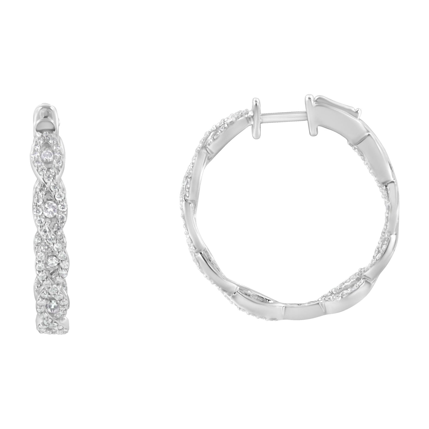 Close-up front and side views of white metal hoop earrings with intertwined design featuring prong-set white round gemstones.