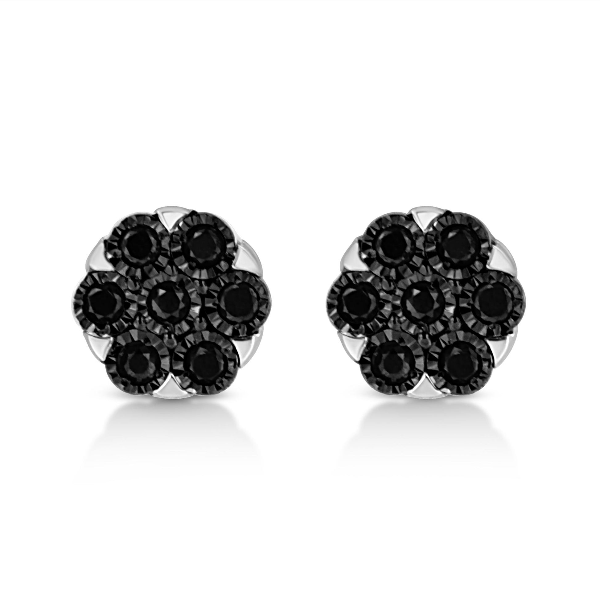 Front view of a pair of white metal stud earrings featuring round black gemstones with miracle settings arranged in a floral pattern.