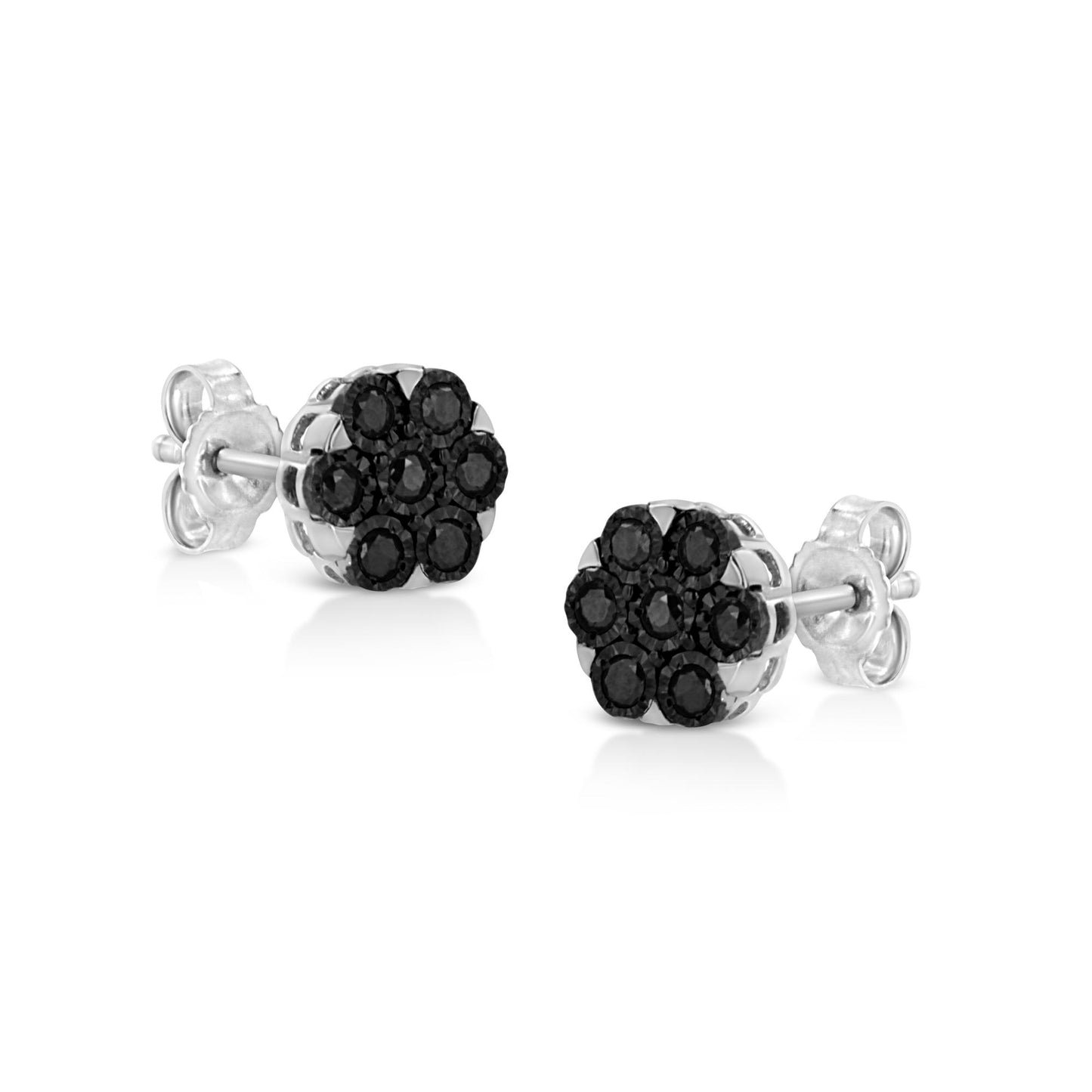 Pair of white metal stud earrings with round black gemstones in a floral cluster design, shown at a slight side angle.
