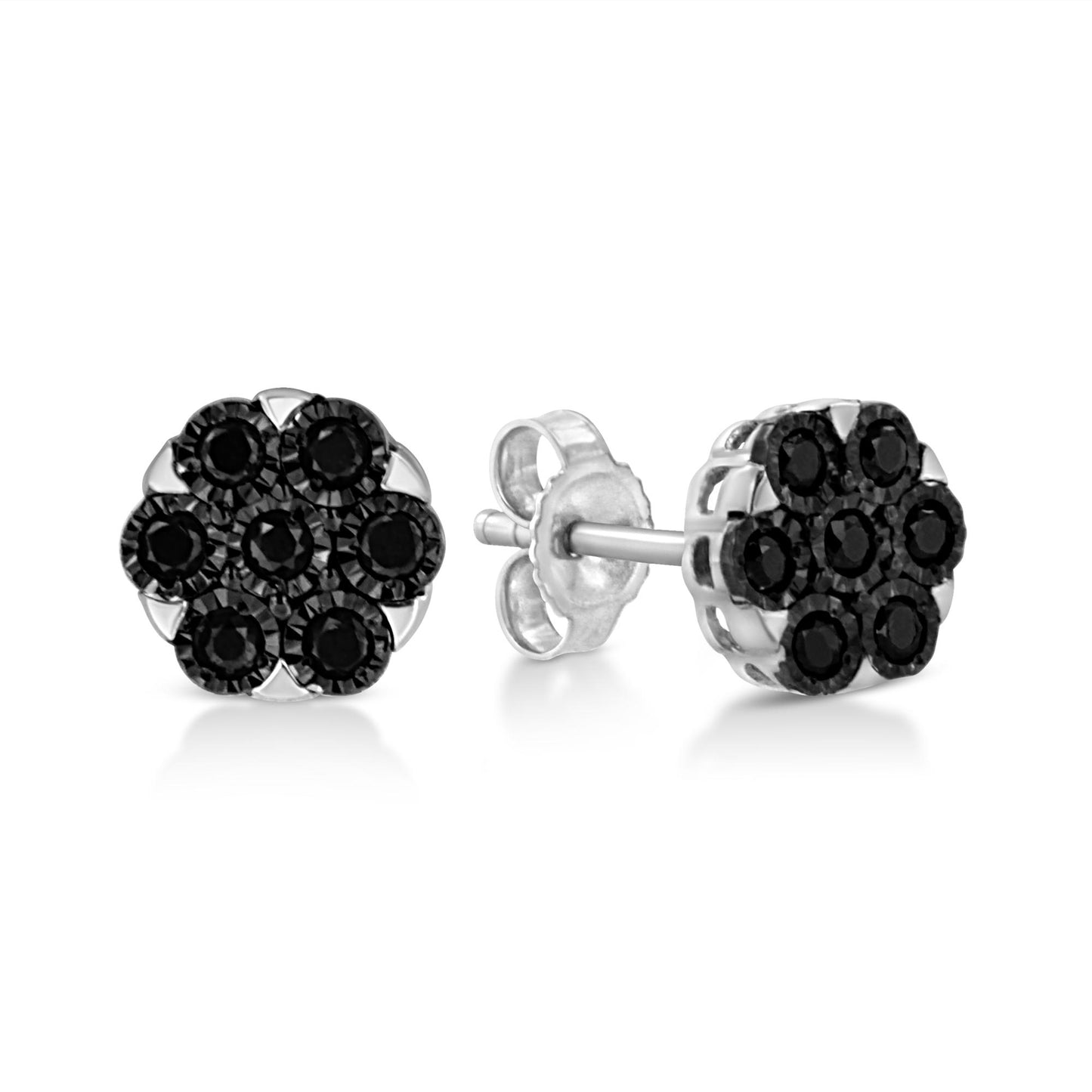 Pair of white metal stud earrings with round black gemstones in a floral cluster, shown from front and side angle.