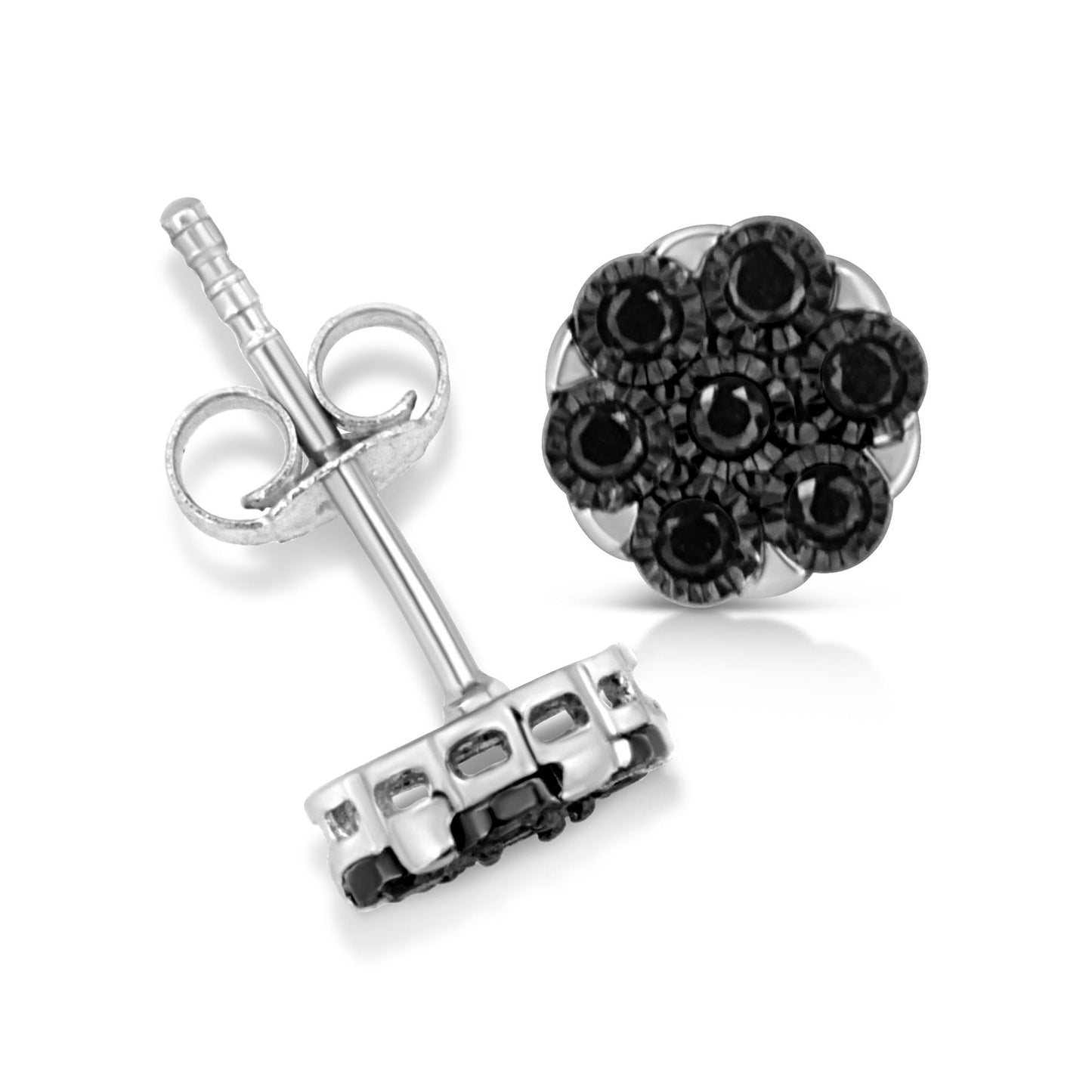 Close-up front and side view of white metal stud earrings with round black gemstones in a clustered setting.