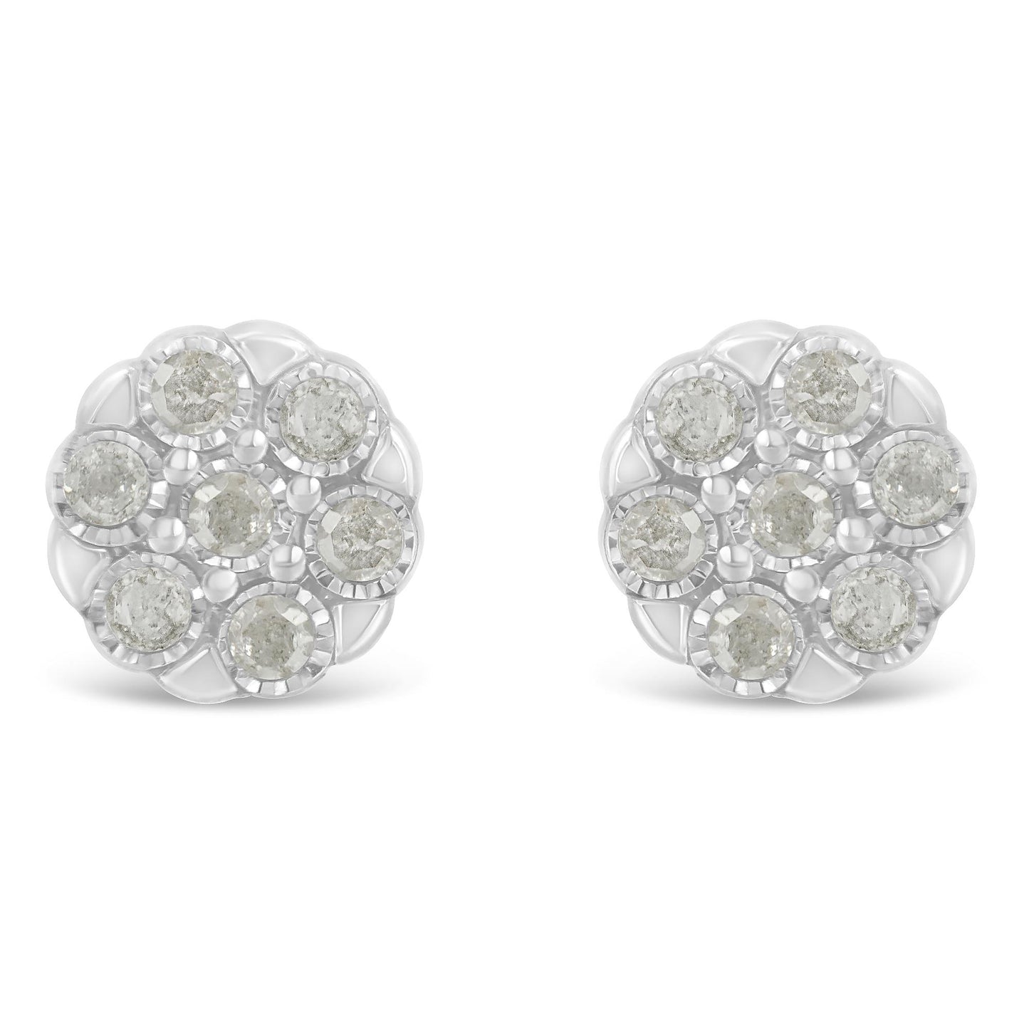 Front angle close-up of white metal round earrings featuring multiple white gemstones set in a circular cluster pattern.