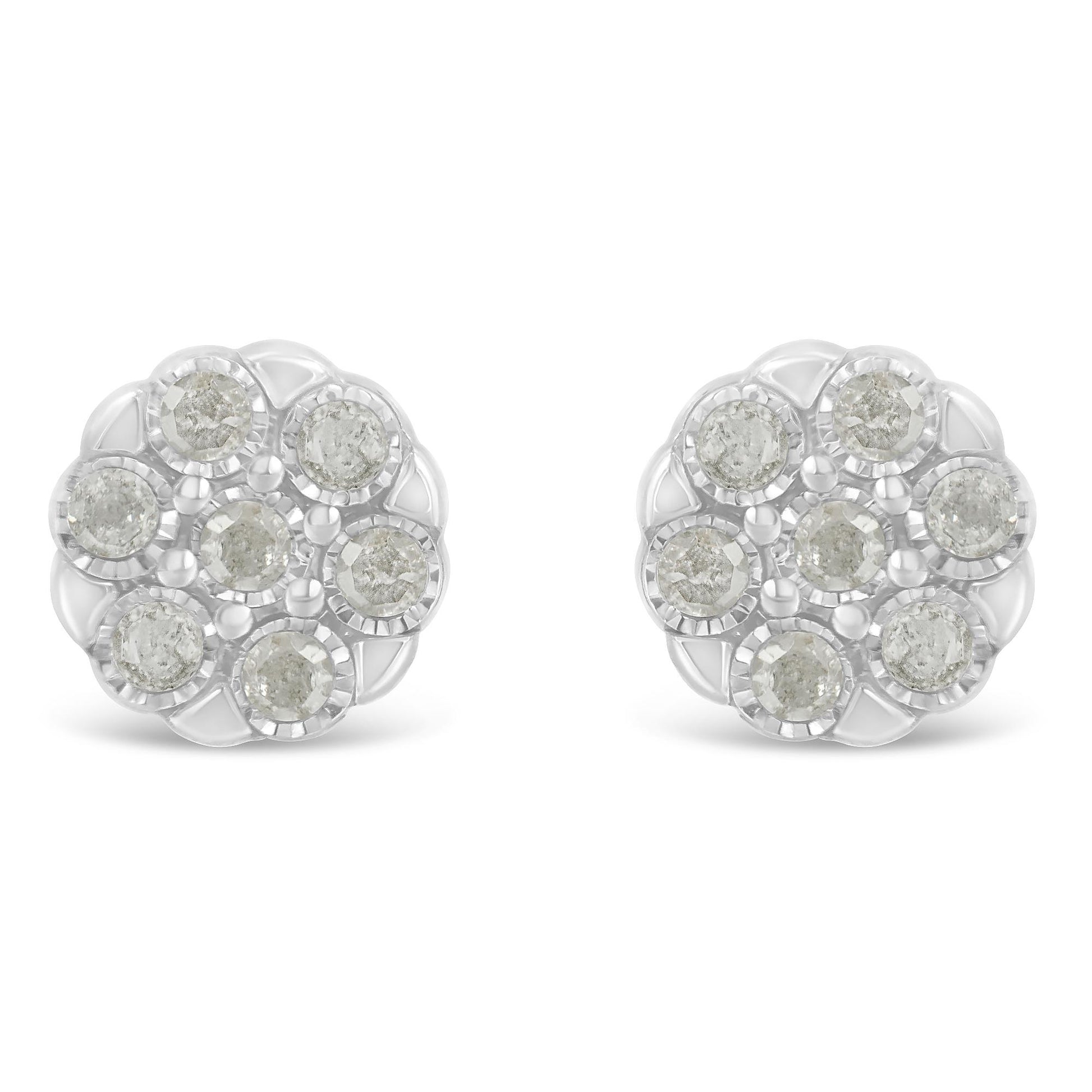 Front angle close-up of white metal round earrings featuring multiple white gemstones set in a circular cluster pattern.