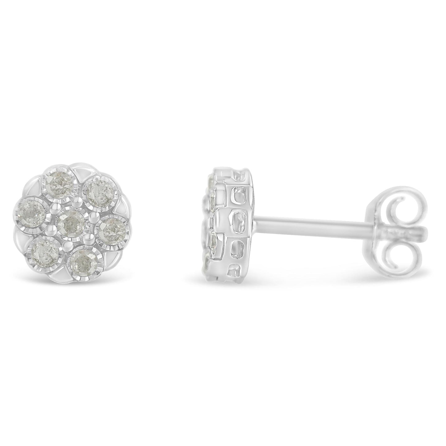 Close-up front and side view of a pair of white metal round-shaped stud earrings with multiple white gemstones in a clustered miracle setting.