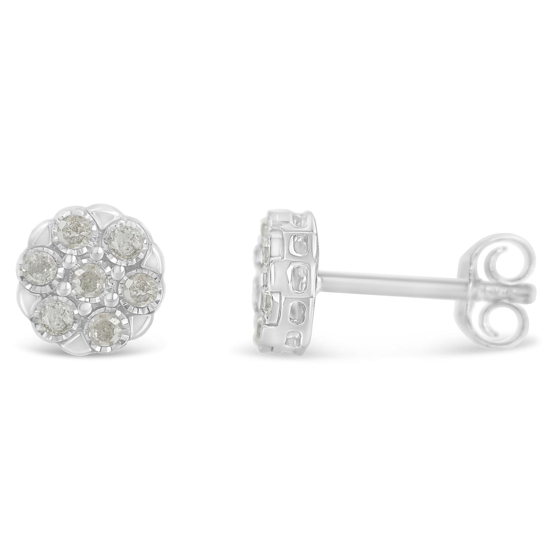 Close-up front and side view of a pair of white metal round-shaped stud earrings with multiple white gemstones in a clustered miracle setting.