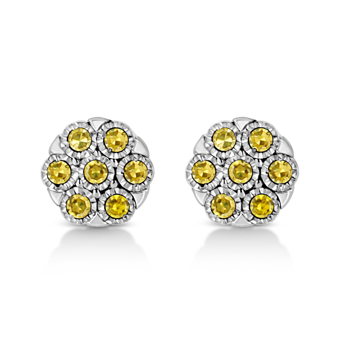 Pair of white metal round earrings with yellow round gemstones in a cluster design, front view.