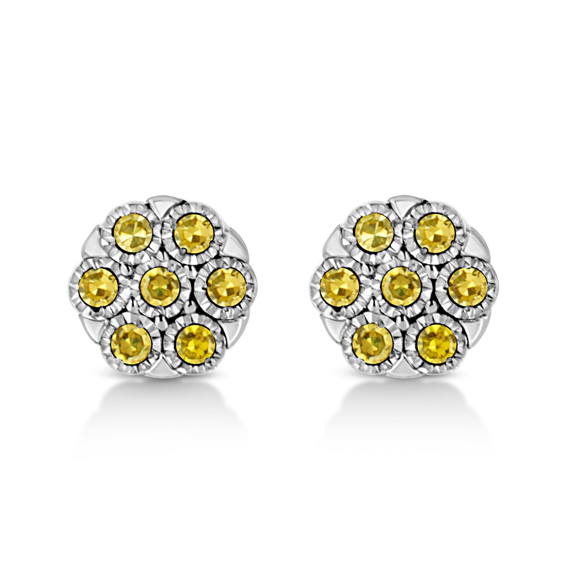 Pair of white metal round earrings with yellow round gemstones in a cluster design, front view.