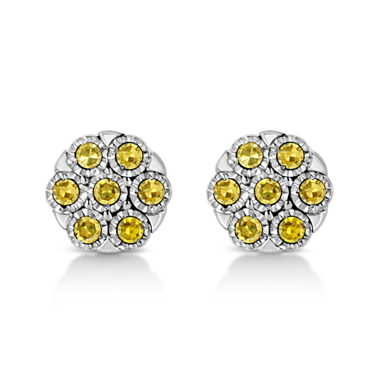 Pair of white metal round earrings with yellow round gemstones in a cluster design, front view.