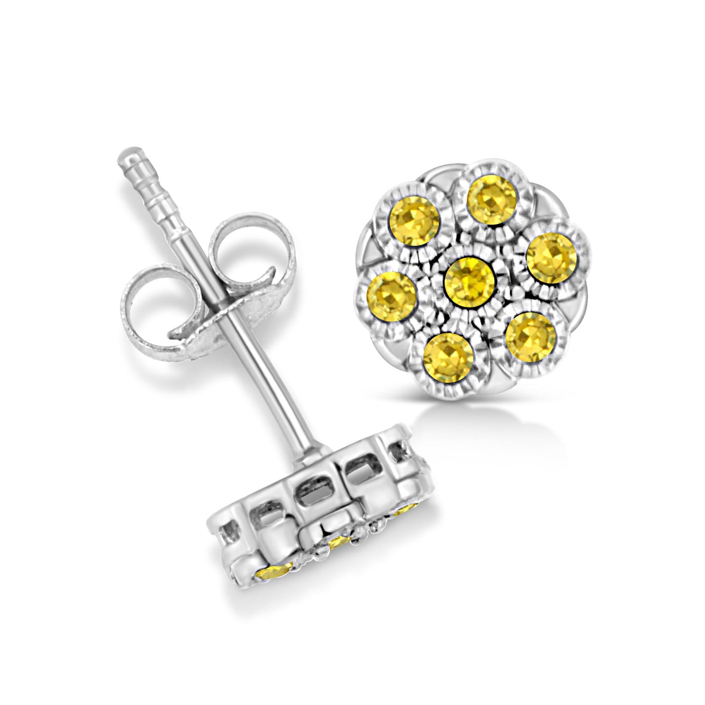 Close-up view of white metal stud earrings with round yellow gemstones arranged in a cluster, one earring shown from the front and the other from the side.