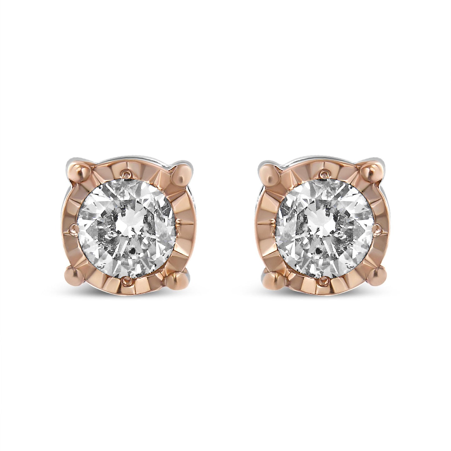 Front view of two-toned stud earrings with round white gemstones in miracle setting.