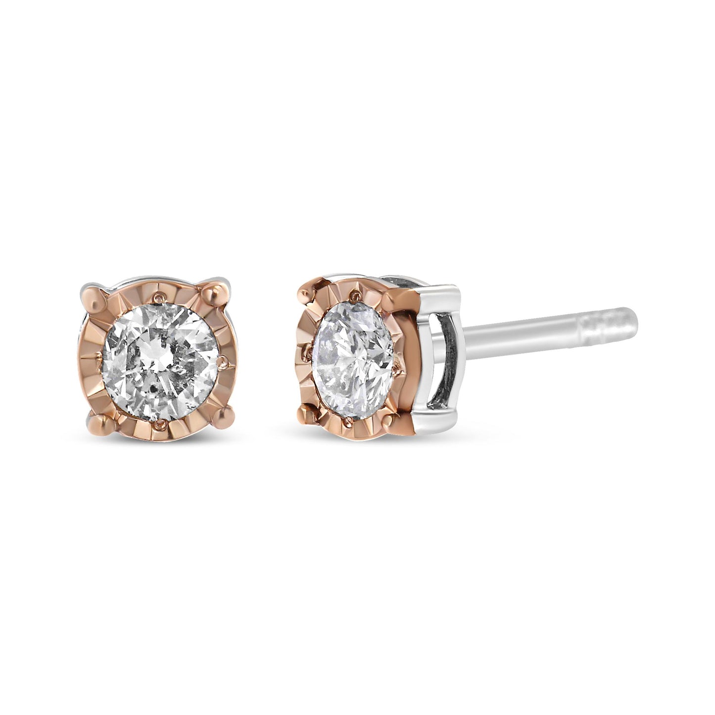 Close-up front and side view of two-toned stud earrings with round white gemstones in a miracle setting.