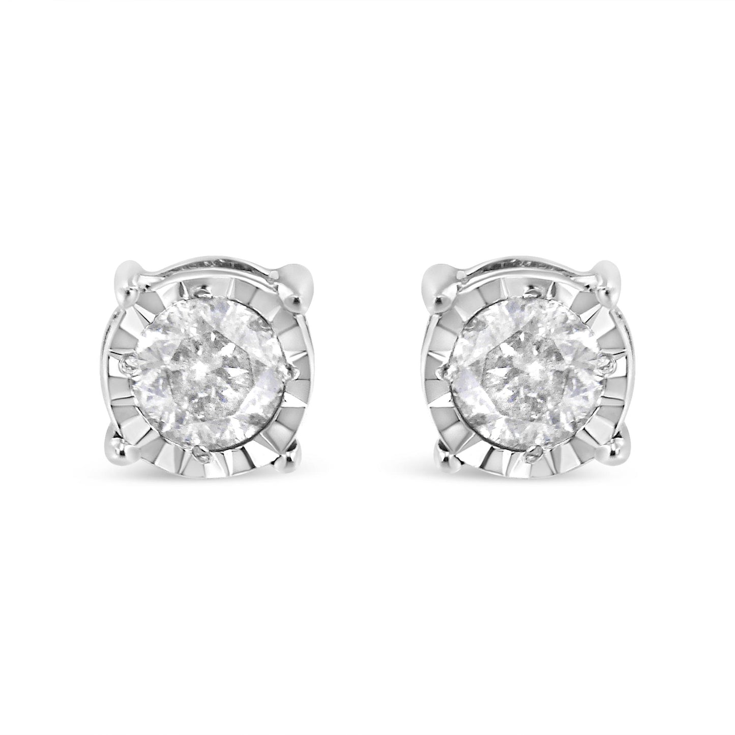 Pair of white metal stud earrings with round white gemstones in miracle settings, front facing angle.