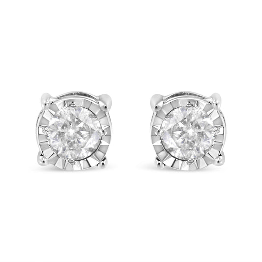 Pair of white metal stud earrings with round white gemstones in miracle settings, front facing angle.