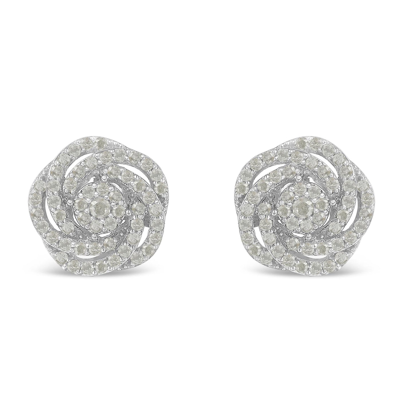 Front view of white metal earrings designed with spiraling rows of round white gemstones in prong settings.