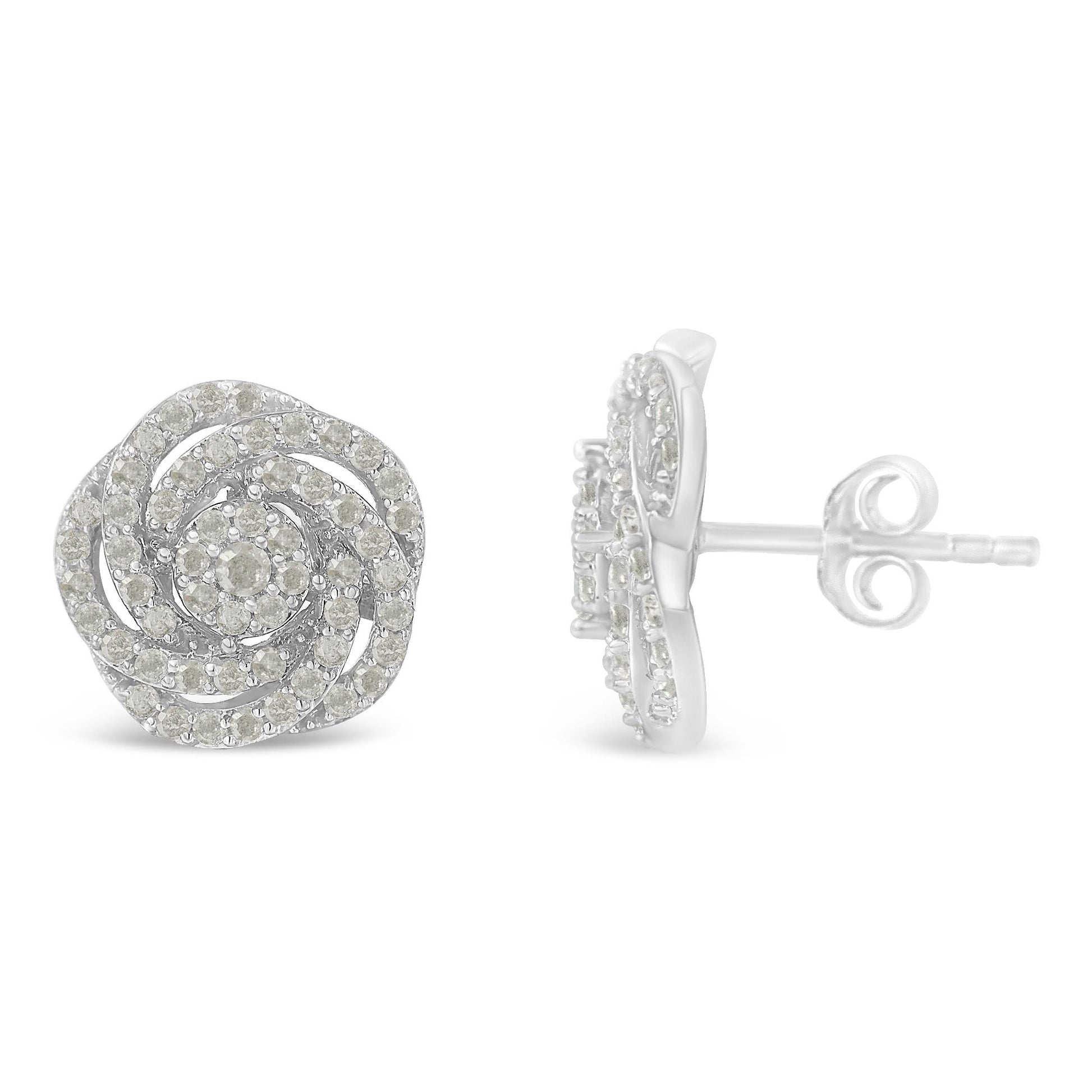 Front and side views of white metal stud earrings with round white gemstones in prong settings, shown on a white background.