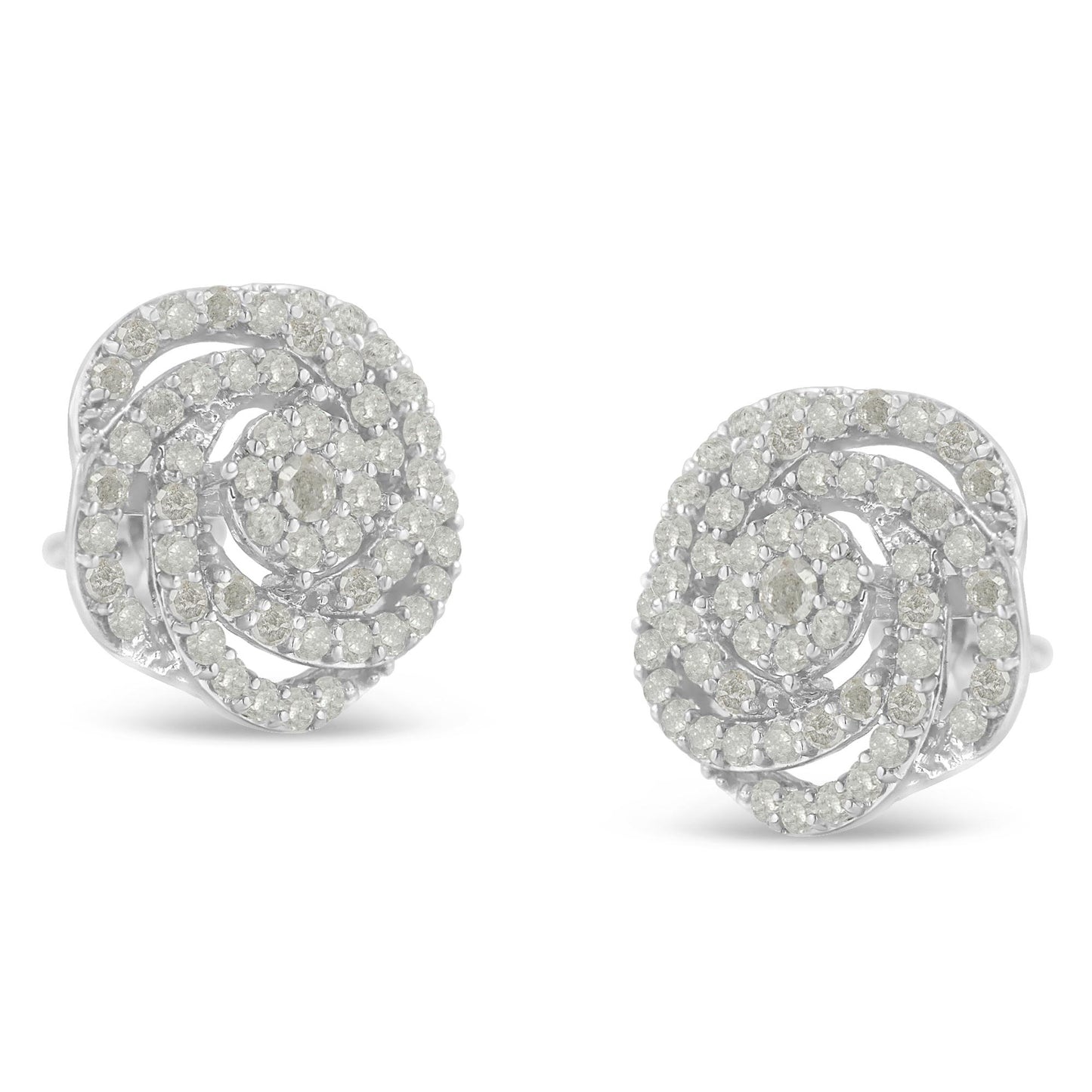 Pair of white metal earrings with round white gemstones arranged in a spiral pattern, shown from a front angled view.
