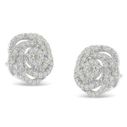 Pair of white metal earrings with round white gemstones arranged in a spiral pattern, shown from a front angled view.