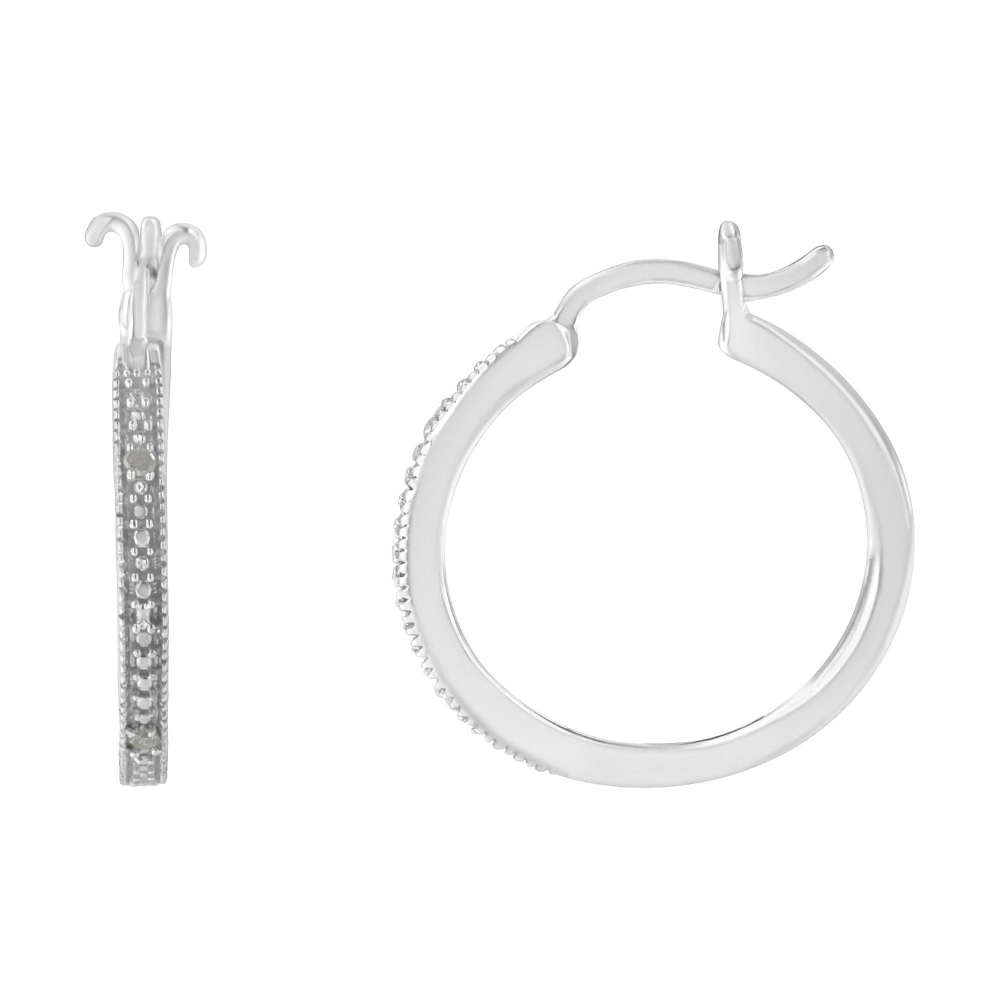 White hoop earrings with round white gemstones in pave setting shown from front and side angles.