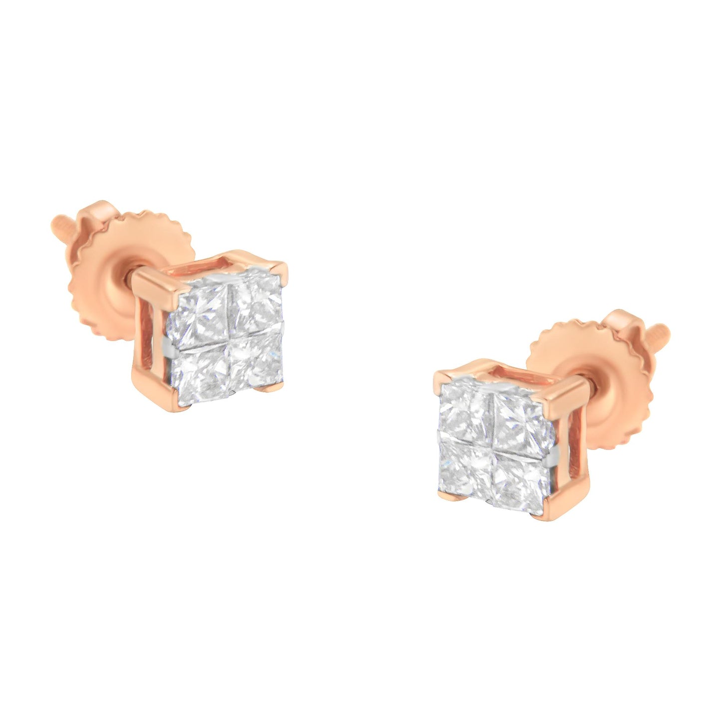 Pair of rose metal stud earrings with white princess-shaped gemstones in an invisible setting, shown from a slightly angled front view.