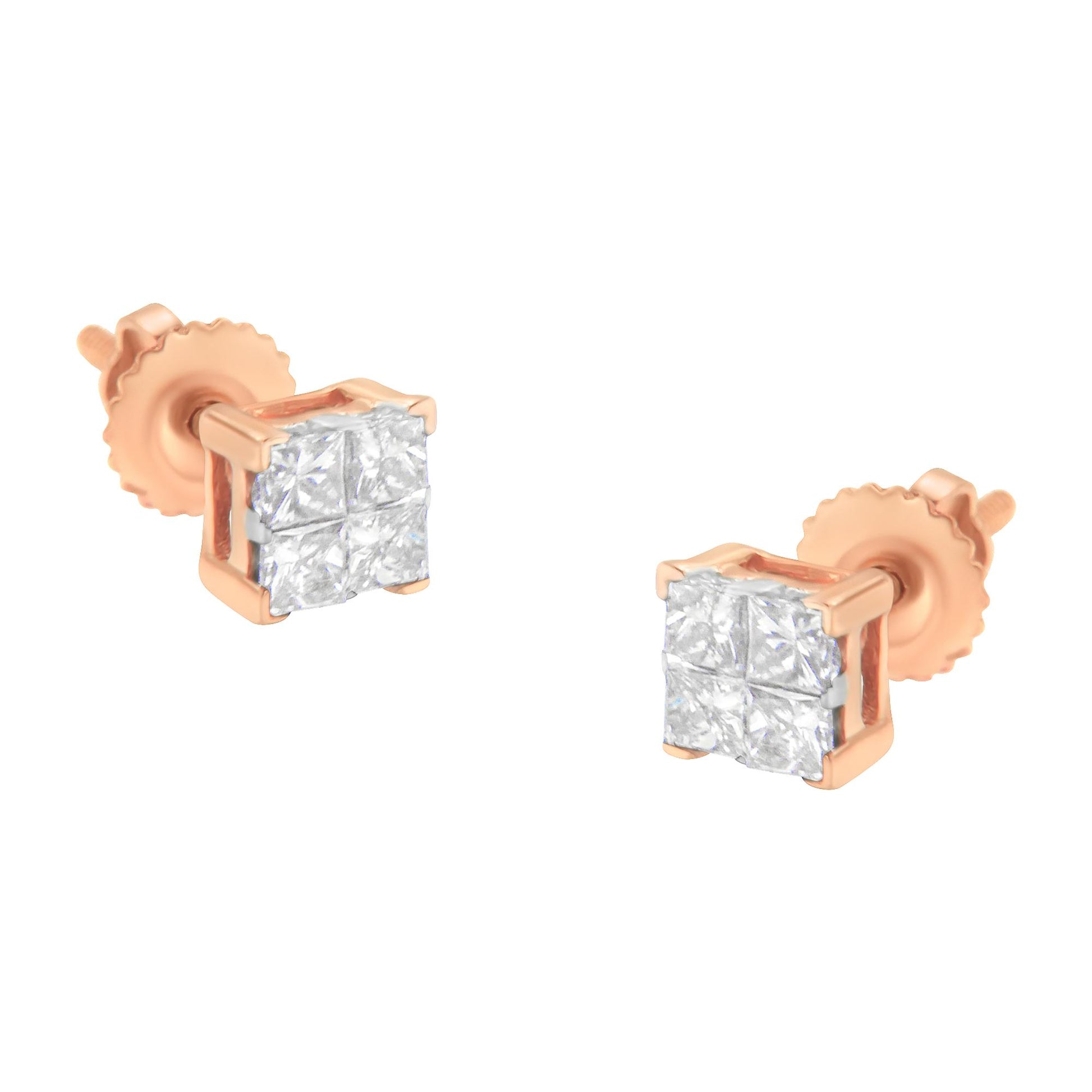 Pair of rose metal stud earrings with white princess-shaped gemstones in an invisible setting, shown from a slightly angled front view.